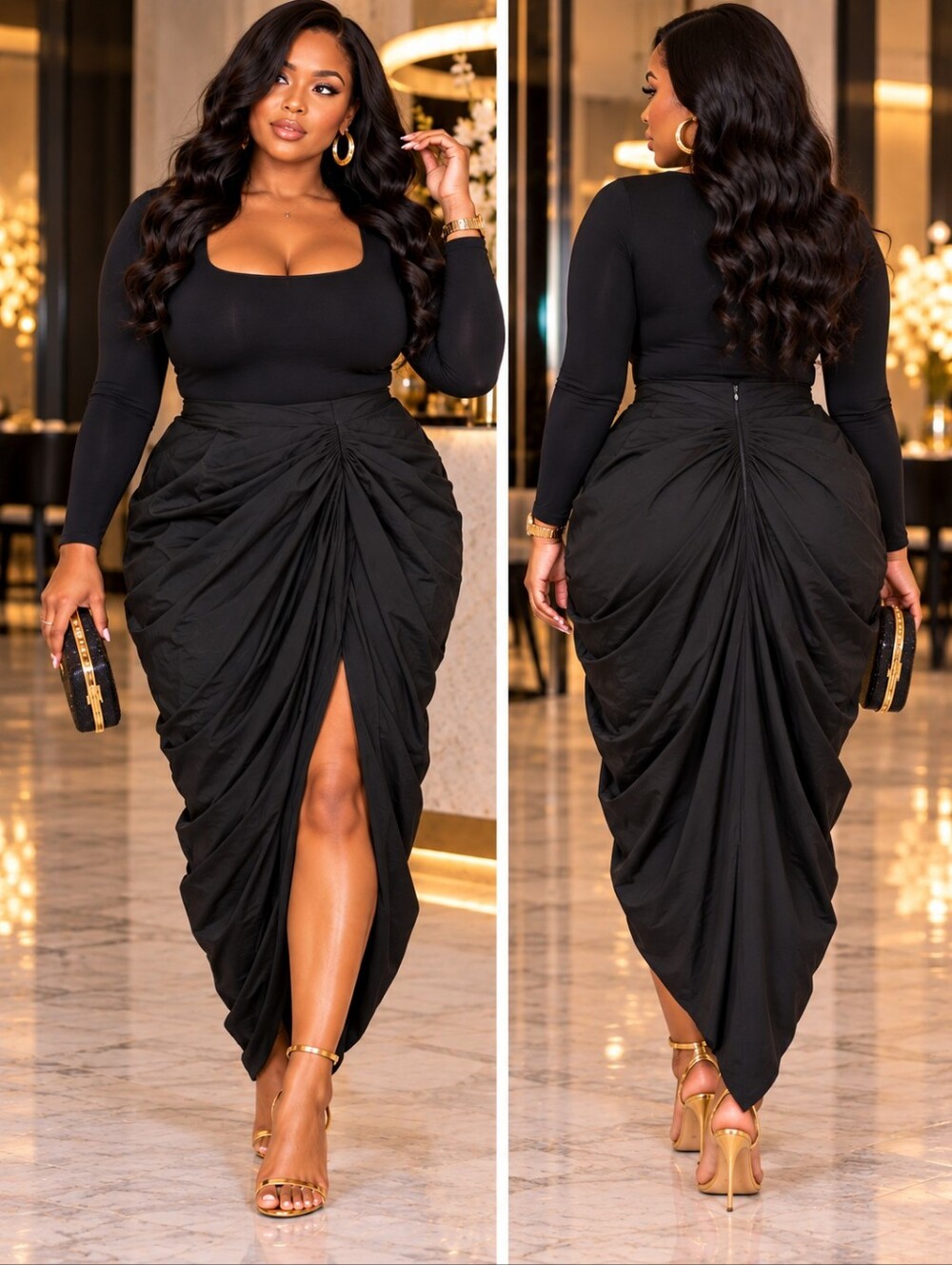 SHEIN Curve 0XL Black Draped Ruched Asymmetrical Maxi Skirt 0XL